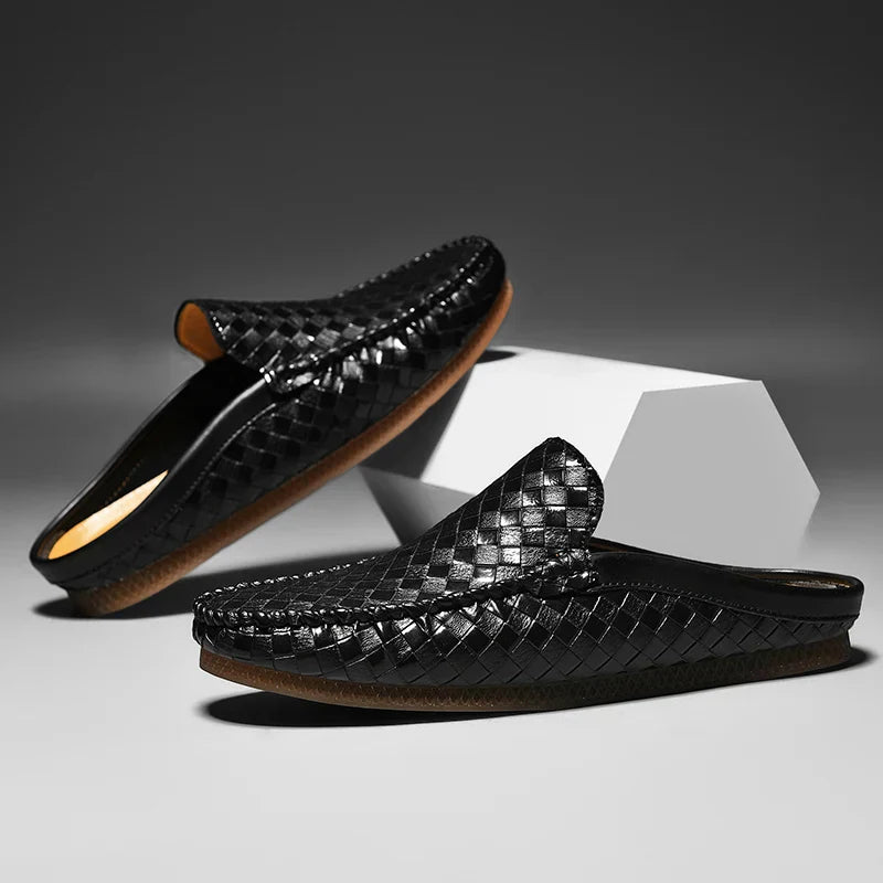 Men's Handwoven Mule Loafers with Cushioned Insole, Slip-On Casual Shoes