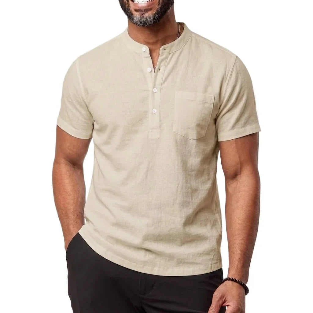 Men's Linen Henley Tee - Breathable Short Sleeve Casual Shirt
