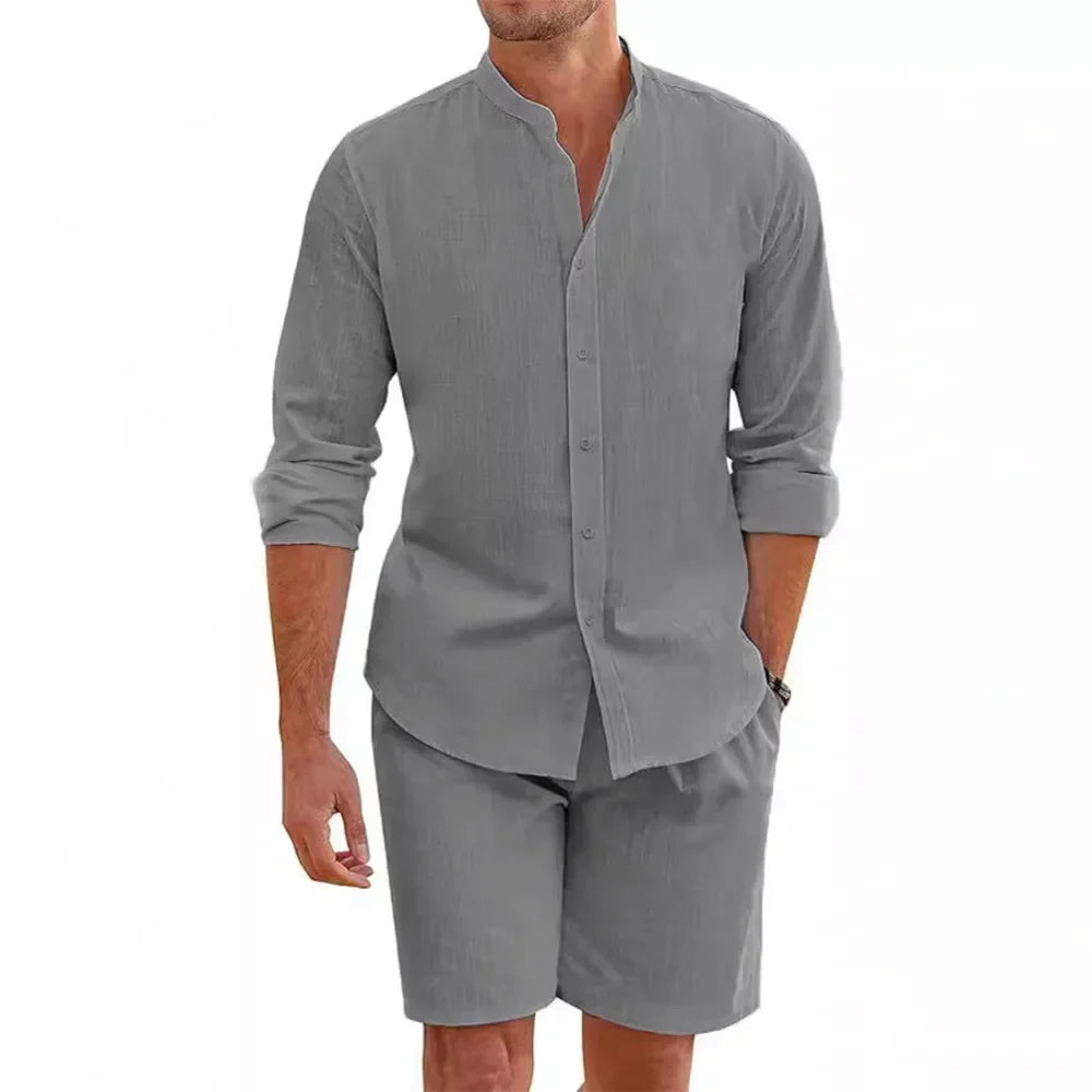 Men's Cotton Linen Two Piece Set - Mandarin Collar Shirt & Shorts