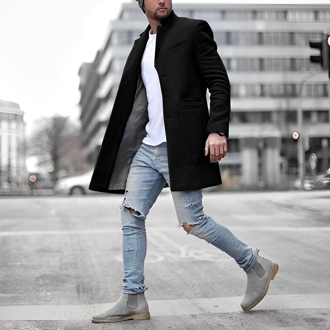 Men's Mid-Length Coat with Lapel Collar for Fall & Winter