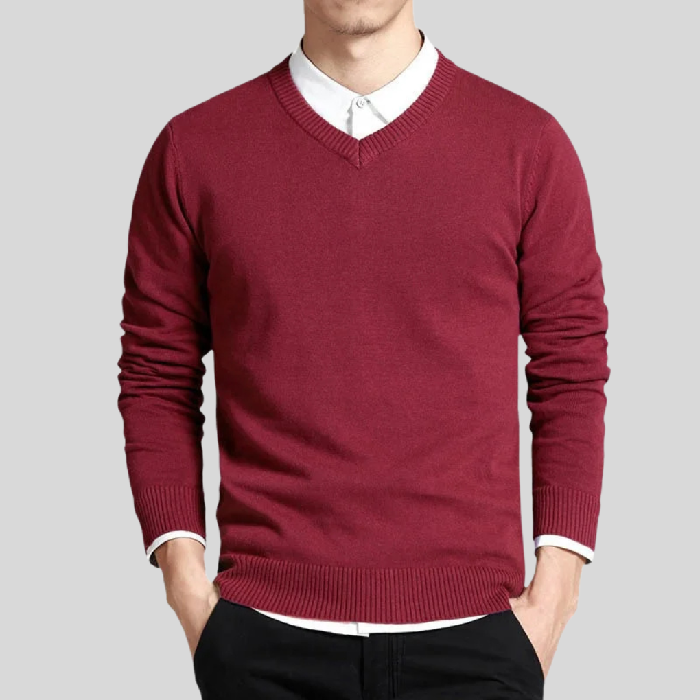 Men's V-Neck Cotton Sweater, Ribbed Knit Pullover for Layering