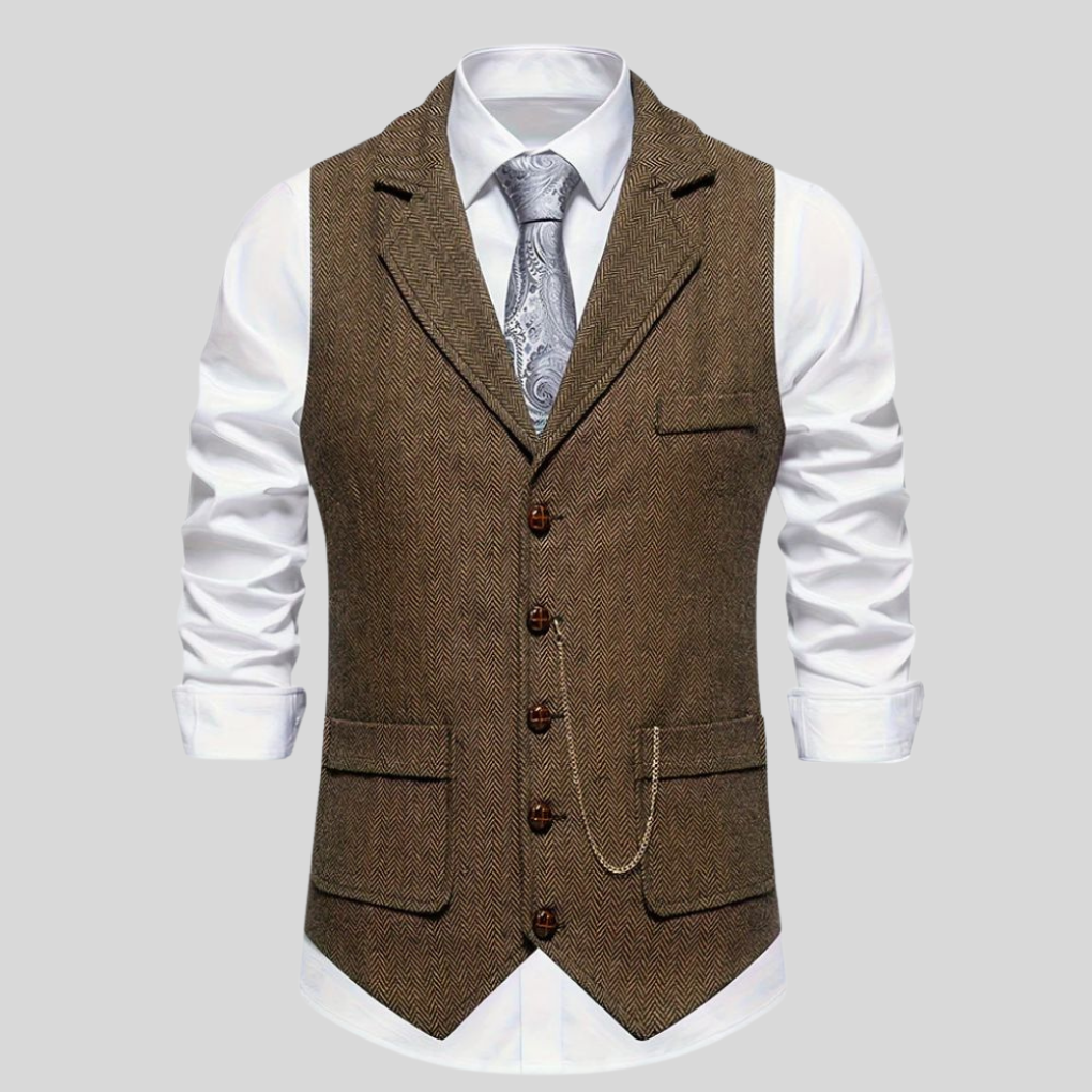 Men's Classic Herringbone Vest - Wool-Blend Formal Vest