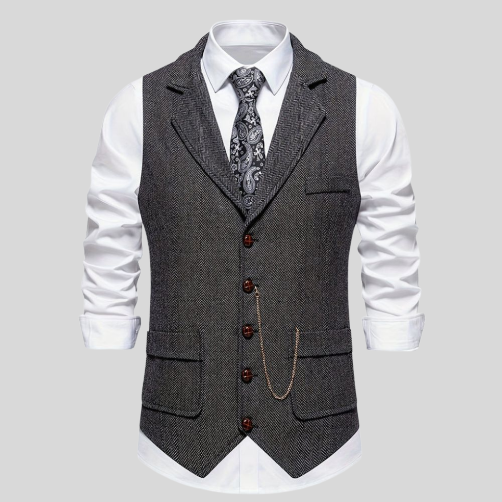 Men's Classic Herringbone Vest - Wool-Blend Formal Vest