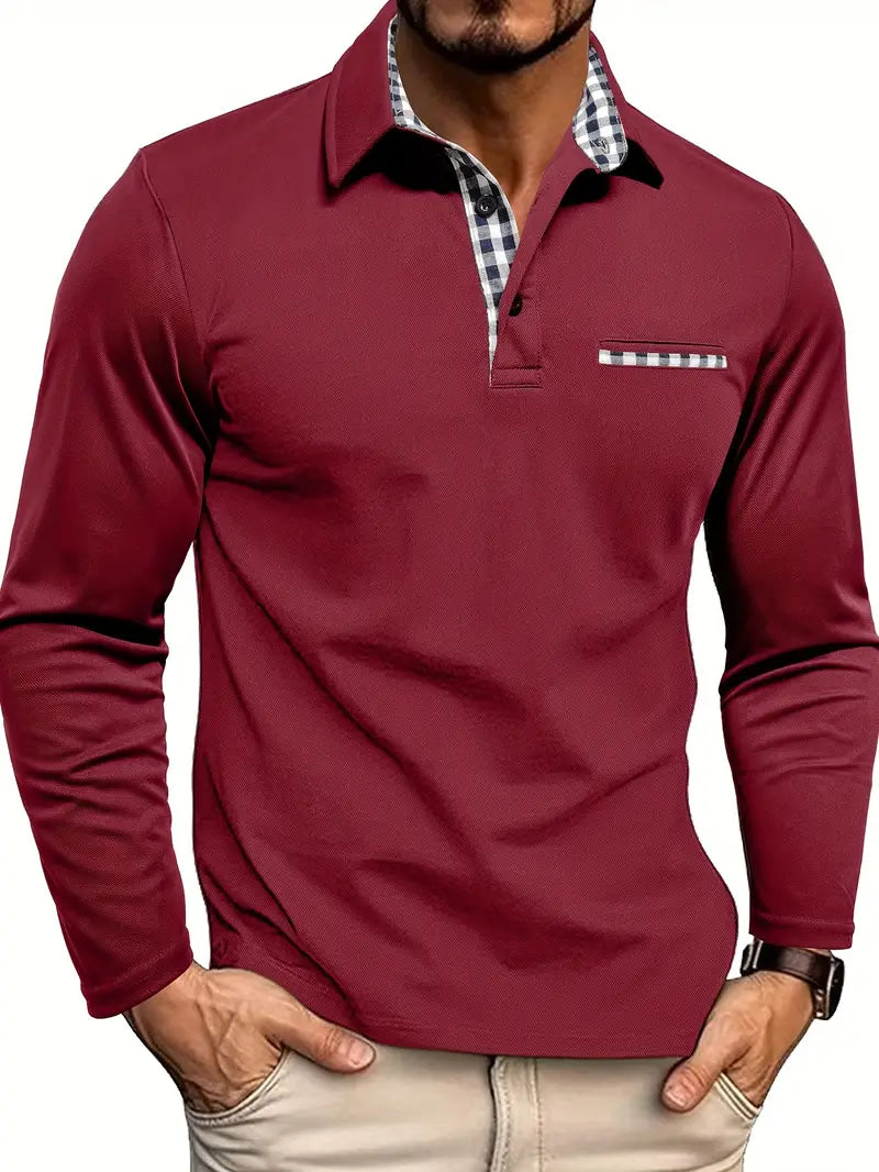 Men's Long Sleeve Polo Shirt with Contrast Collar, Smart Casual Polo