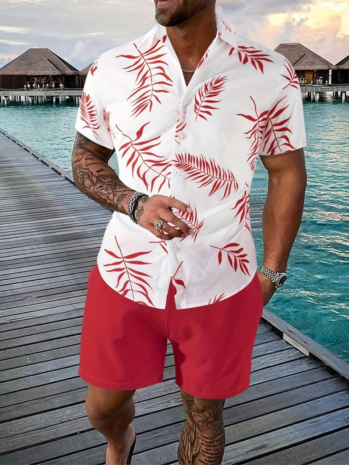 Men's Tropical Print Shirt and Shorts Set, Matching Summer Two-Piece Outfit