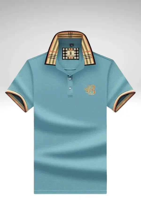 Men's Elegant Polo Shirt with Check Collar, Smart Casual Short Sleeve Polo