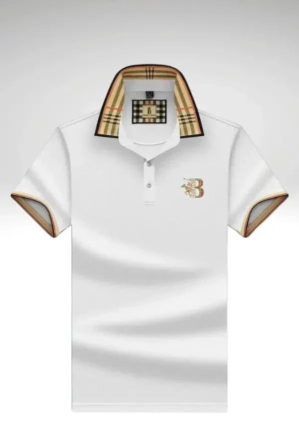 Men's Elegant Polo Shirt with Check Collar, Smart Casual Short Sleeve Polo
