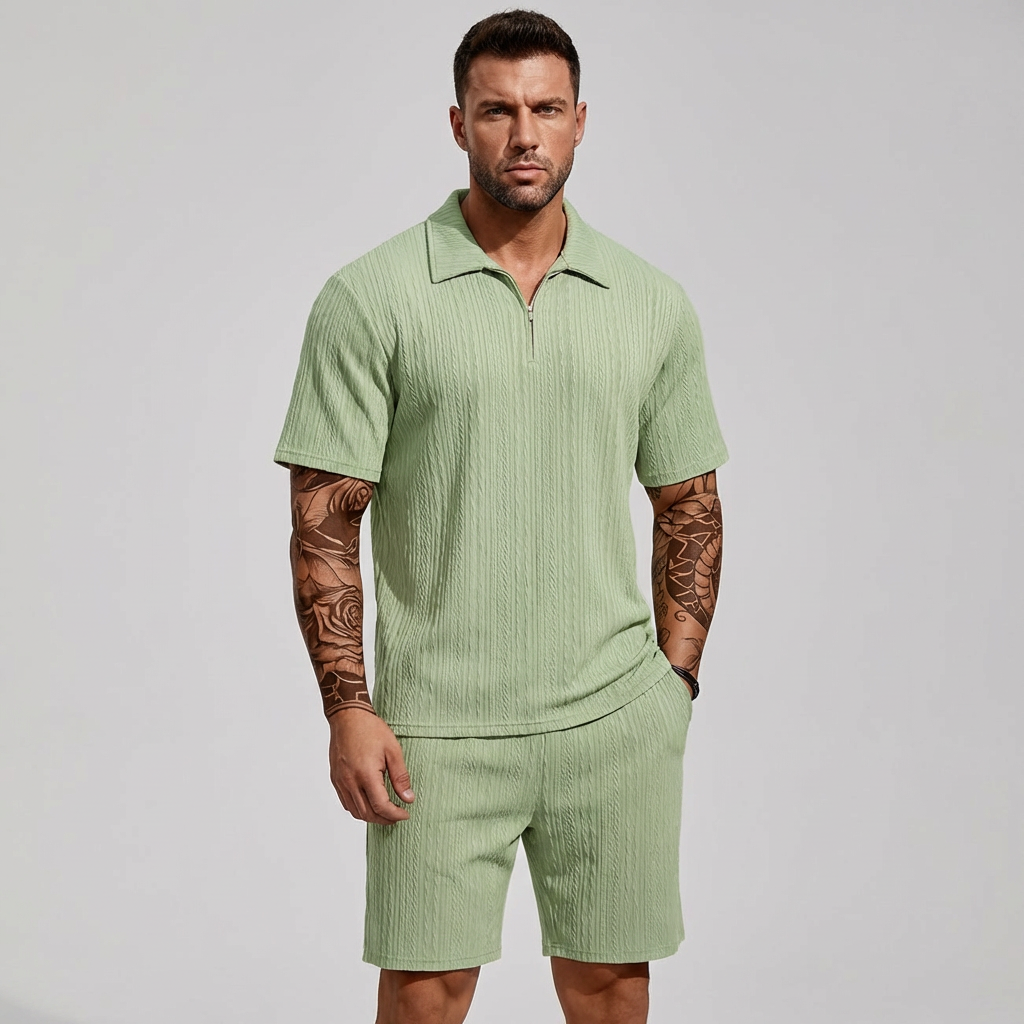 Men's 2-Piece Casual Outfit Set, Quarter-Zip Polo and Matching Shorts