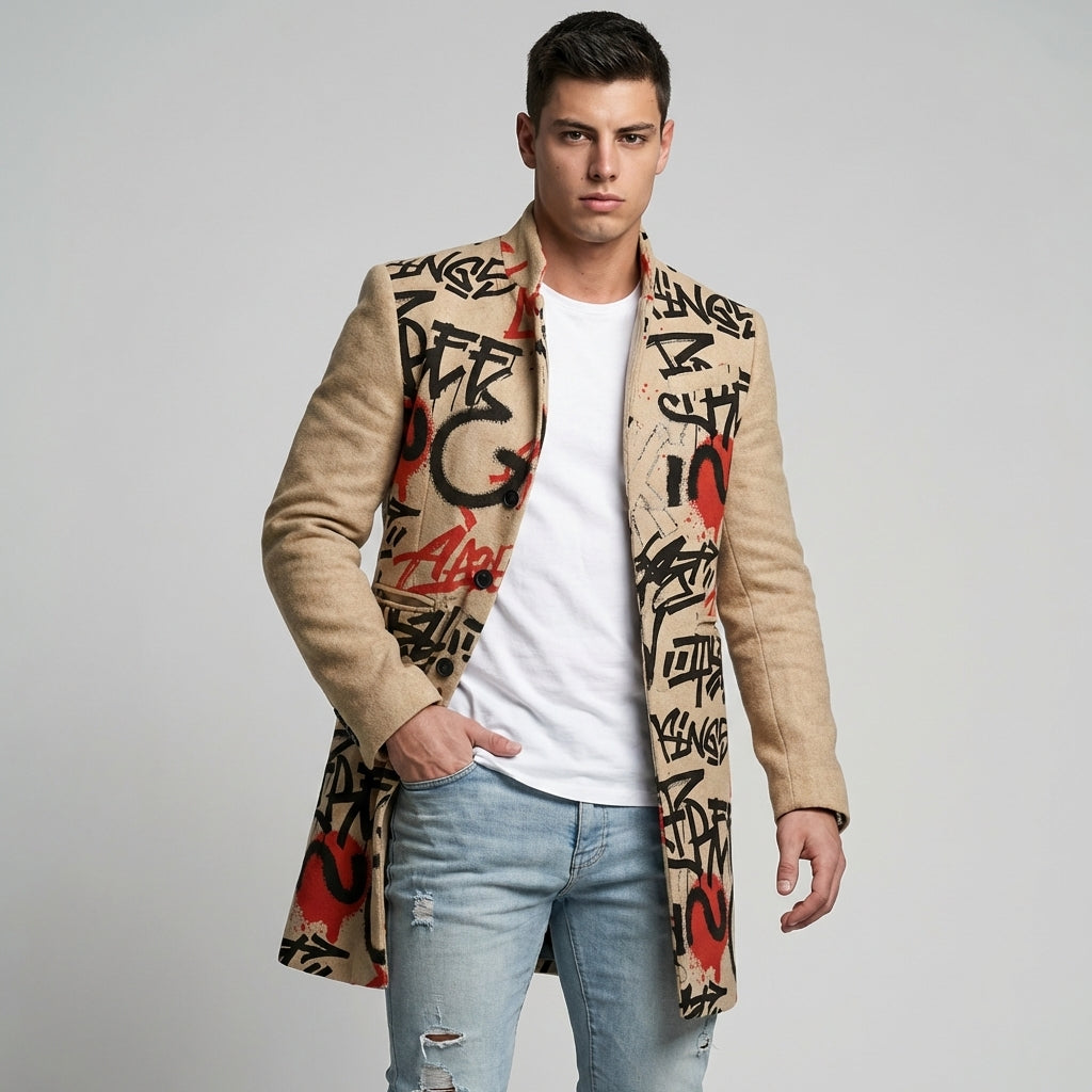 Men's Street Print Jacket - Casual Adjustable Zip-Up Coat