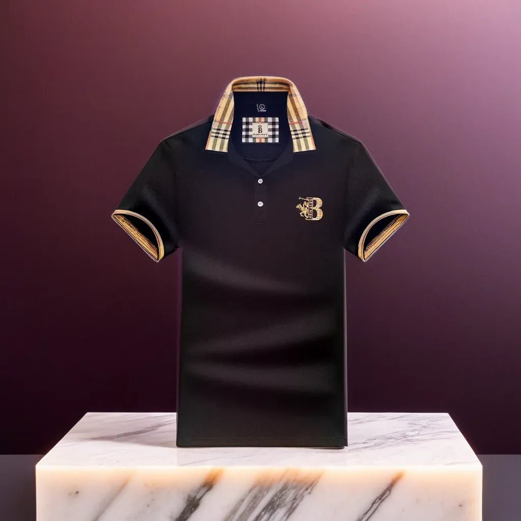 Men's Elegant Polo Shirt with Check Collar, Smart Casual Short Sleeve Polo