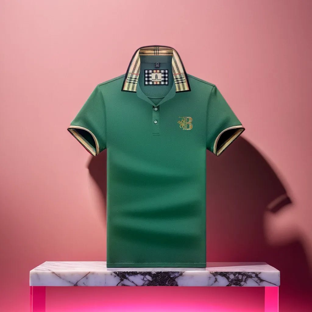 Men's Elegant Polo Shirt with Check Collar, Smart Casual Short Sleeve Polo