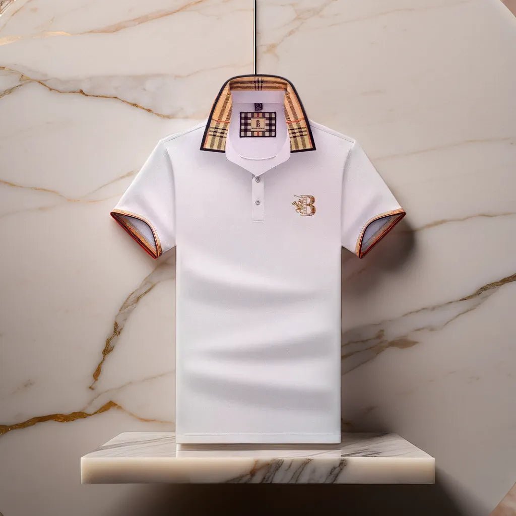 Men's Elegant Polo Shirt with Check Collar, Smart Casual Short Sleeve Polo