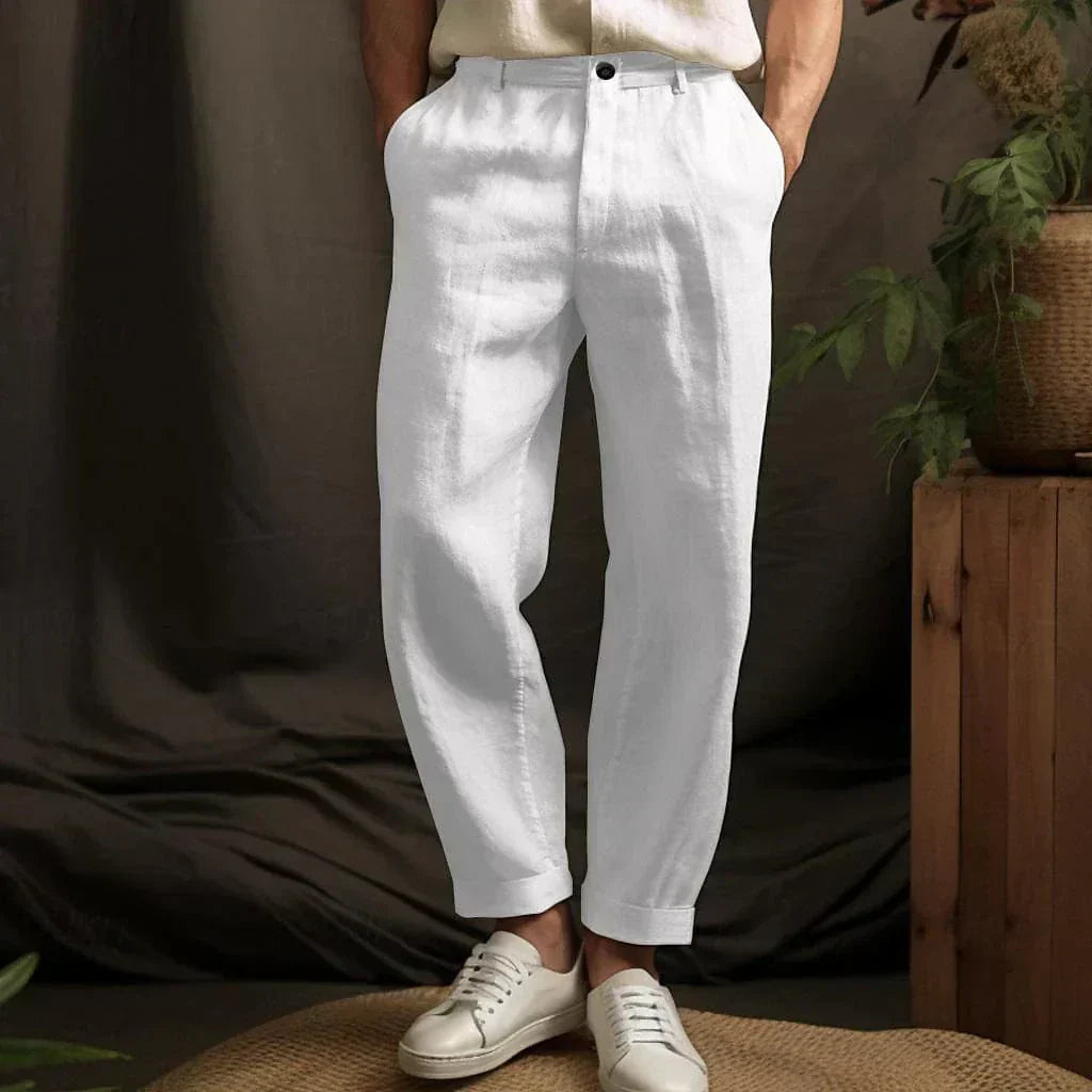 Men's Summer Linen Trousers, Breathable Relaxed Fit Pants with Pockets