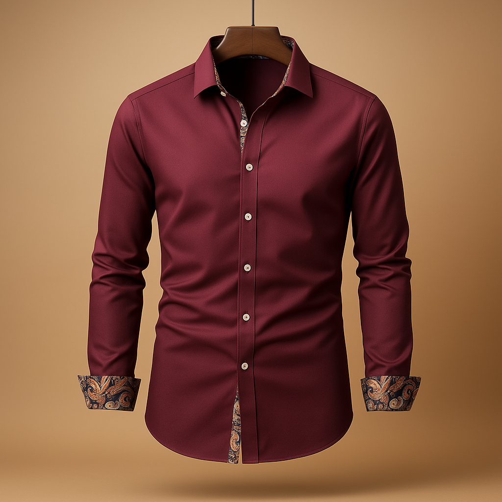 Men's Formal Button-Up Shirt with Contrast Cuffs, Long Sleeve Dress Shirt