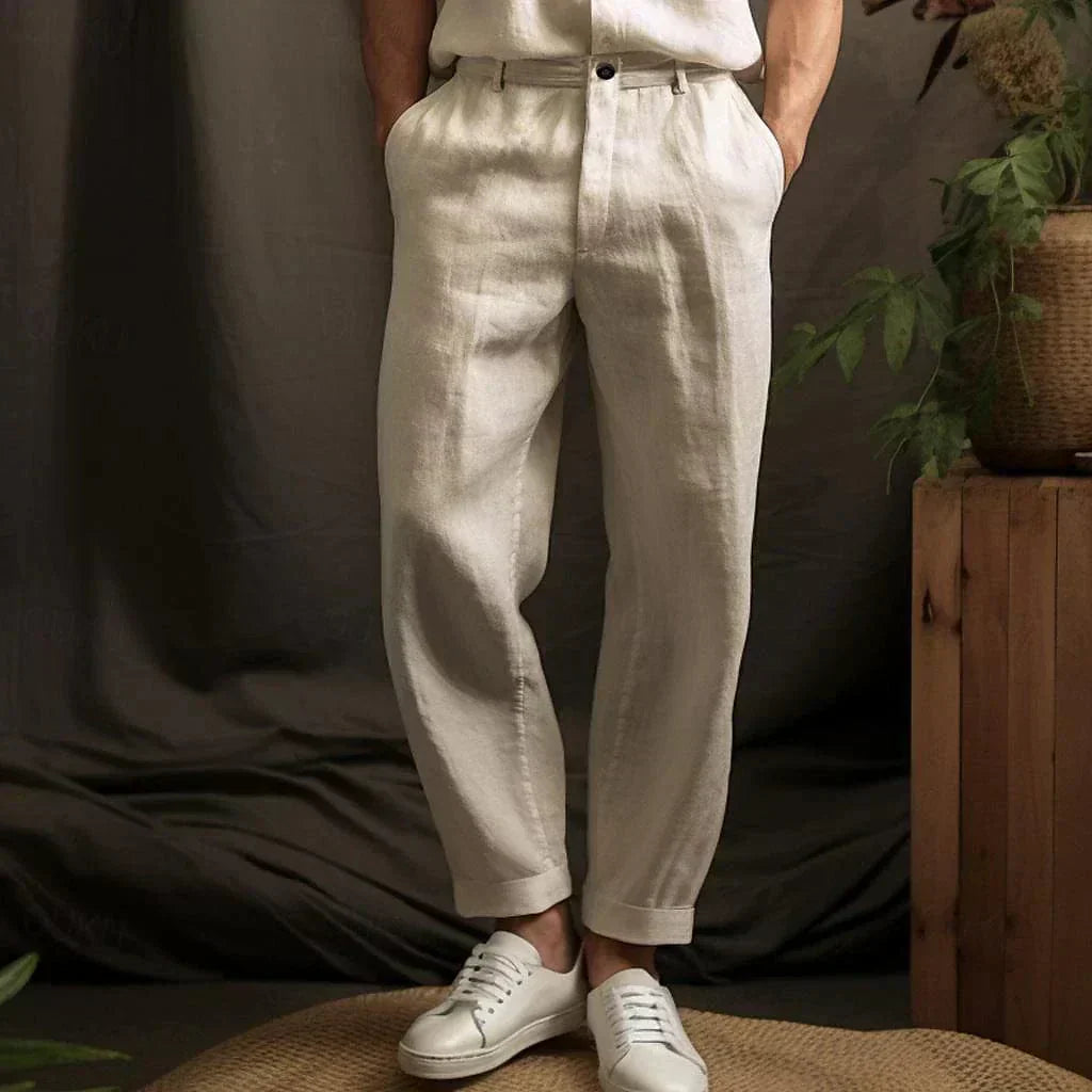 Men's Summer Linen Trousers, Breathable Relaxed Fit Pants with Pockets