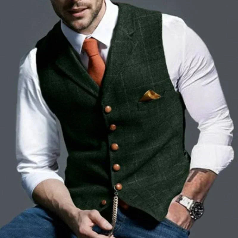 Men's Checked Waistcoat - Woven Blend Button-Front Vest for Layering