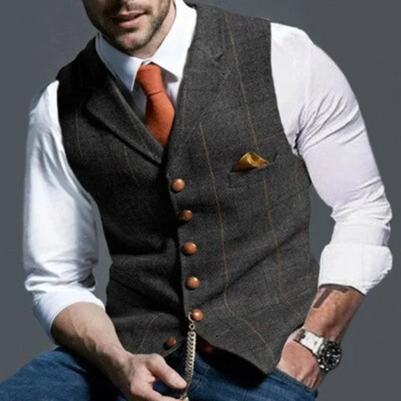Men's Checked Waistcoat - Woven Blend Button-Front Vest for Layering