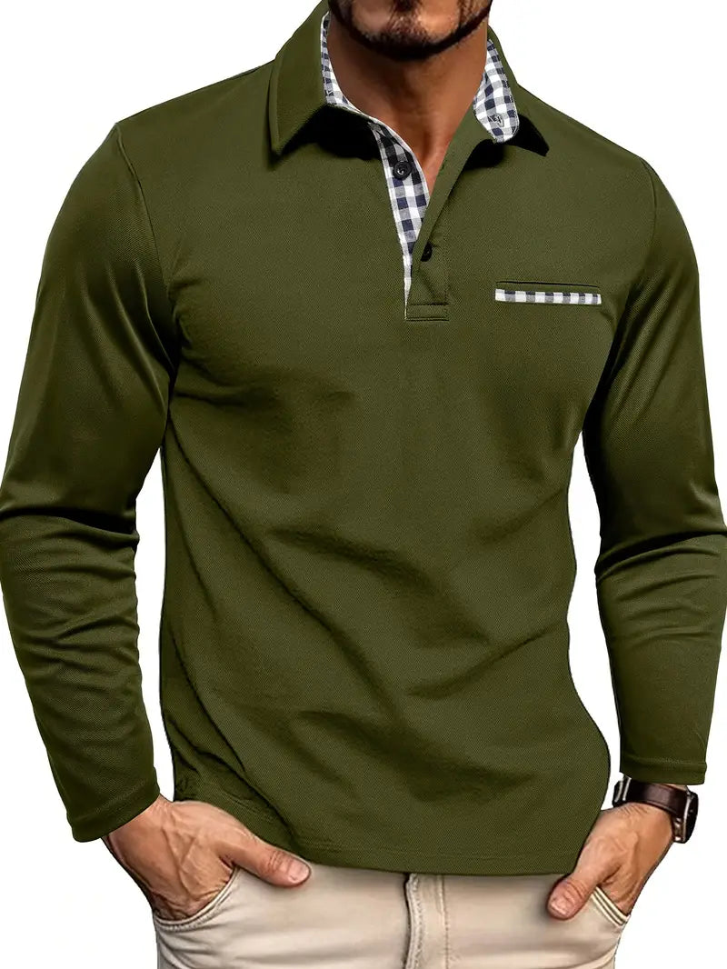 Men's Long Sleeve Polo Shirt with Contrast Collar, Smart Casual Polo