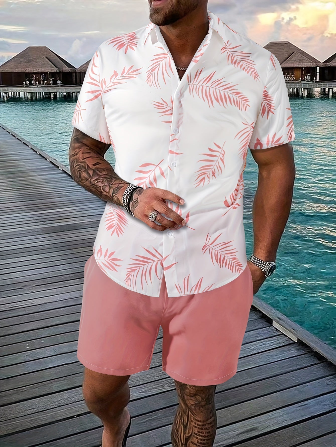 Men's Tropical Print Shirt and Shorts Set, Matching Summer Two-Piece Outfit