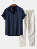 Men's Button-Down Shirt and Pants Set with Elastic Waist, Summer Two-Piece Outfit