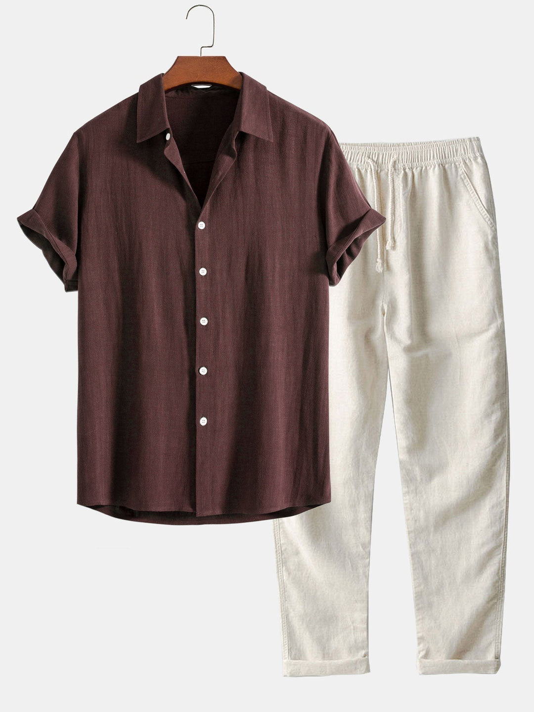 Men's Button-Down Shirt and Pants Set with Elastic Waist, Summer Two-Piece Outfit