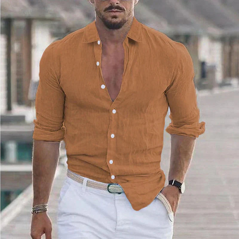 Men's Linen Shirt with Turn-Down Collar, Breathable Button-Up