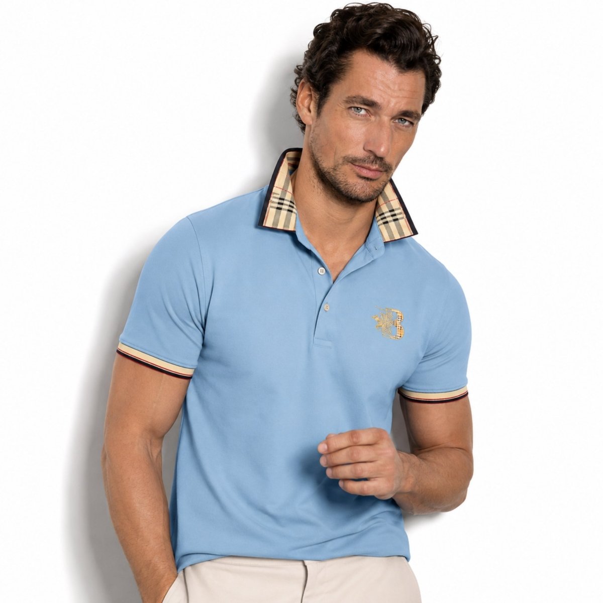 Men's Elegant Polo Shirt with Check Collar, Smart Casual Short Sleeve Polo
