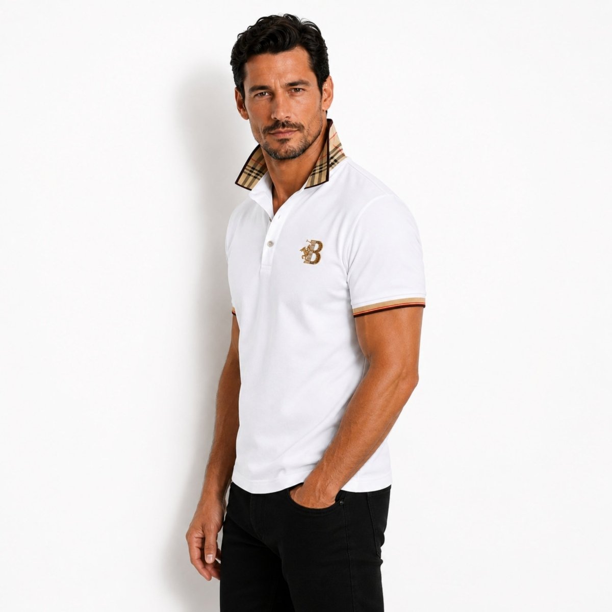 Men's Elegant Polo Shirt with Check Collar, Smart Casual Short Sleeve Polo