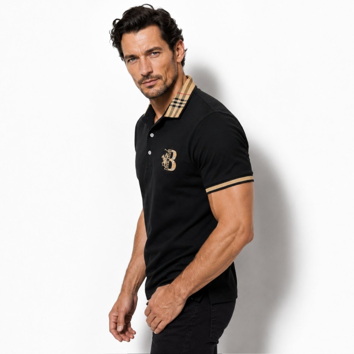 Men's Elegant Polo Shirt with Check Collar, Smart Casual Short Sleeve Polo