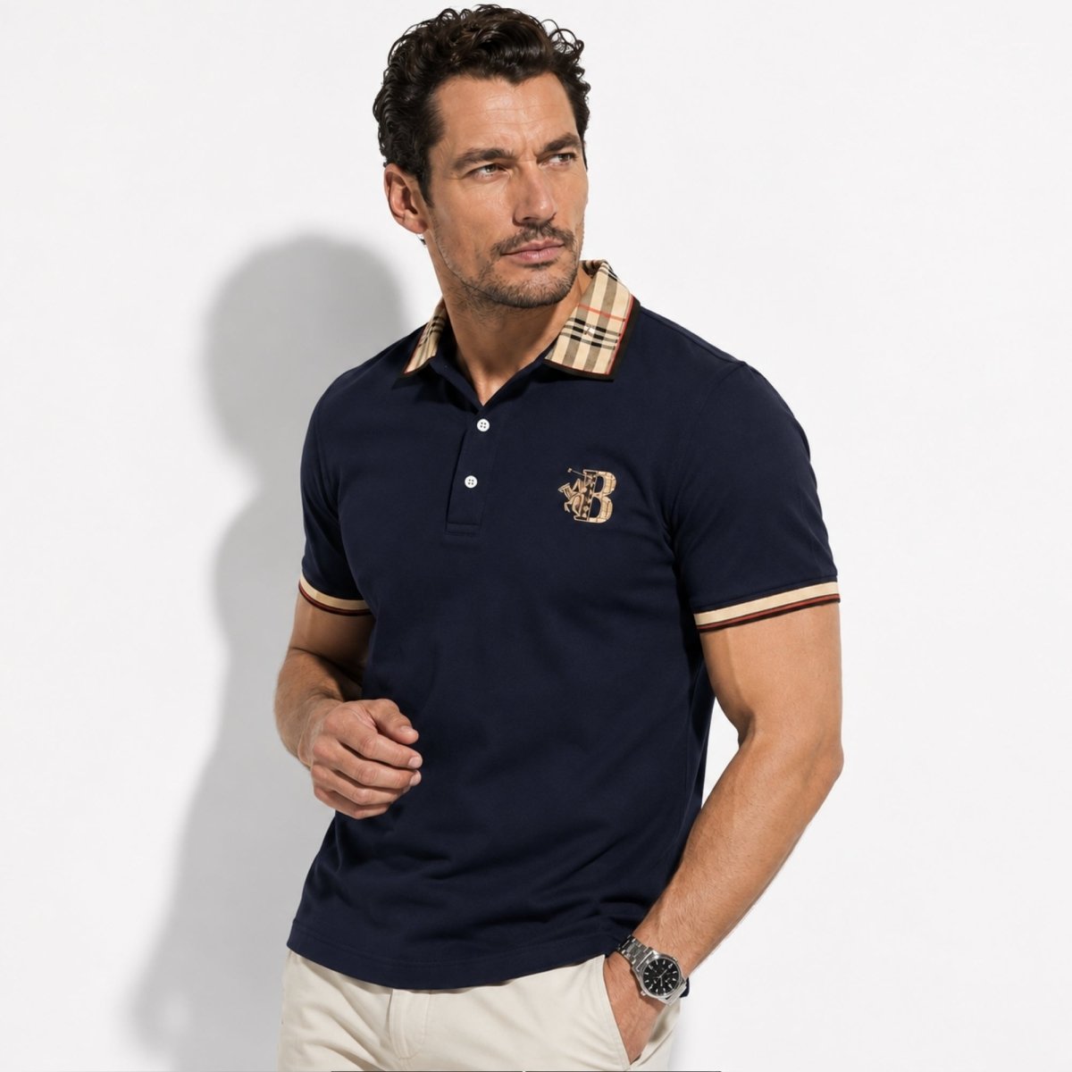 Men's Elegant Polo Shirt with Check Collar, Smart Casual Short Sleeve Polo