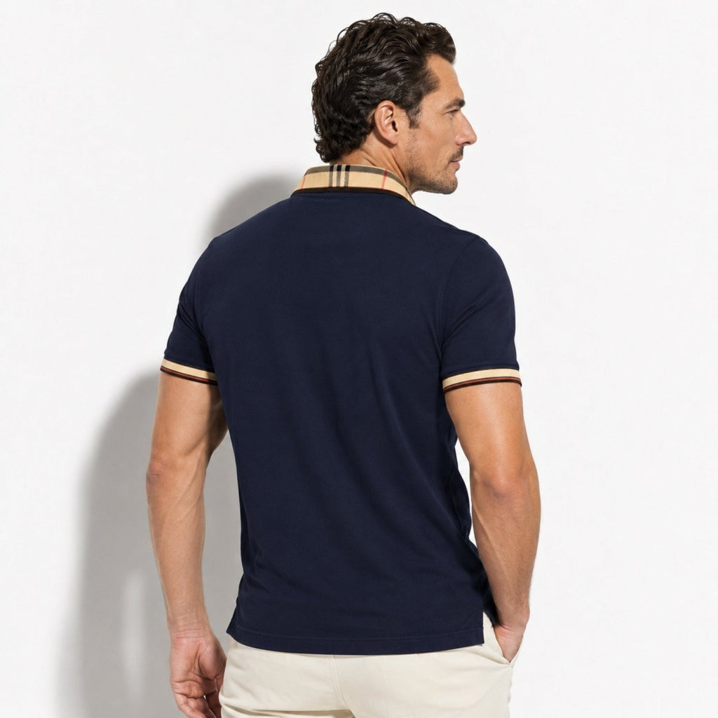 Men's Elegant Polo Shirt with Check Collar, Smart Casual Short Sleeve Polo