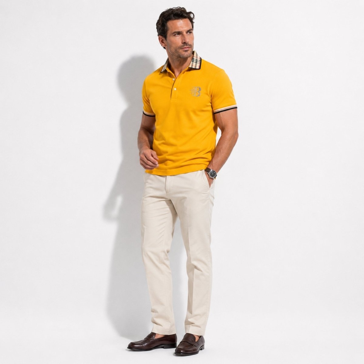 Men's Elegant Polo Shirt with Check Collar, Smart Casual Short Sleeve Polo