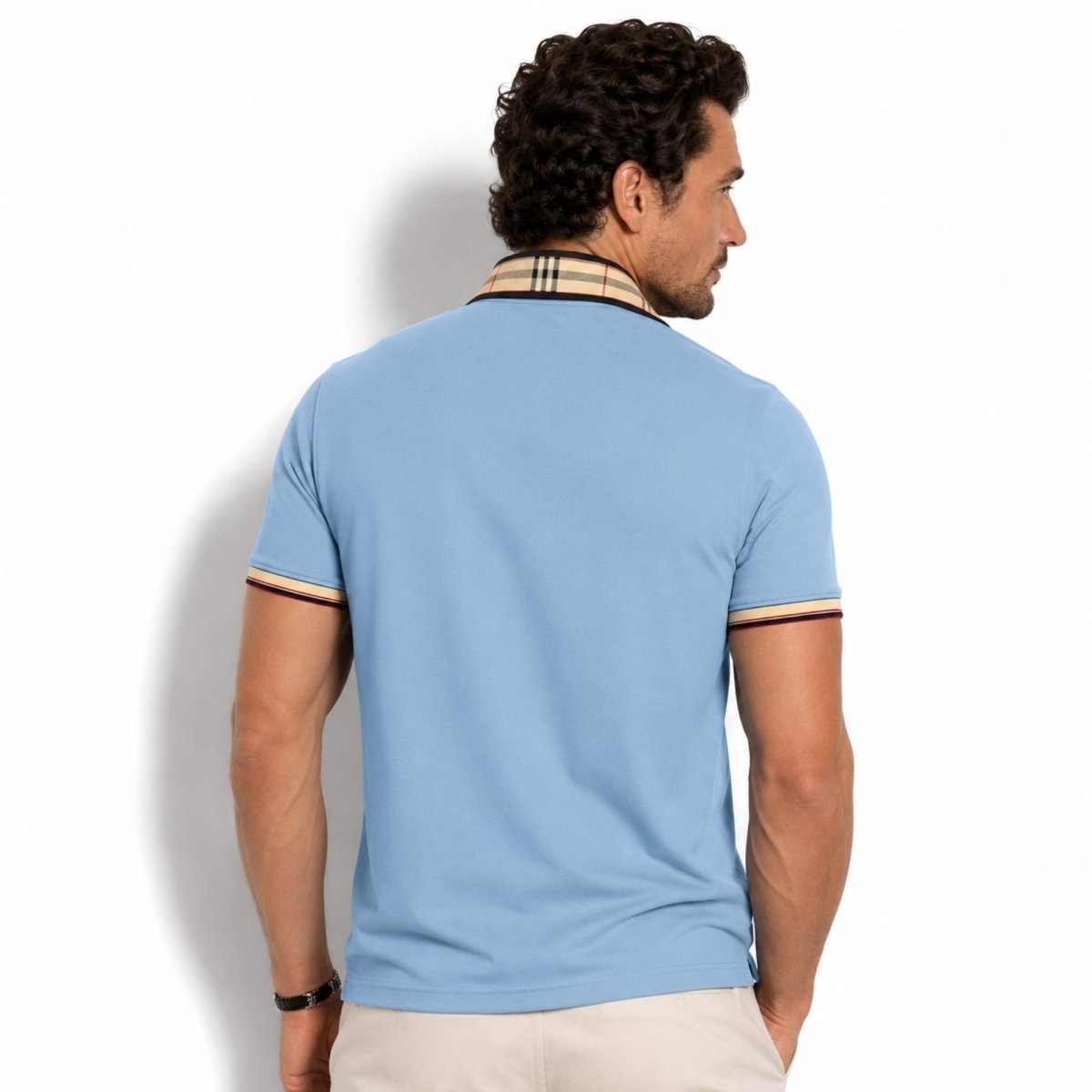 Men's Elegant Polo Shirt with Check Collar, Smart Casual Short Sleeve Polo