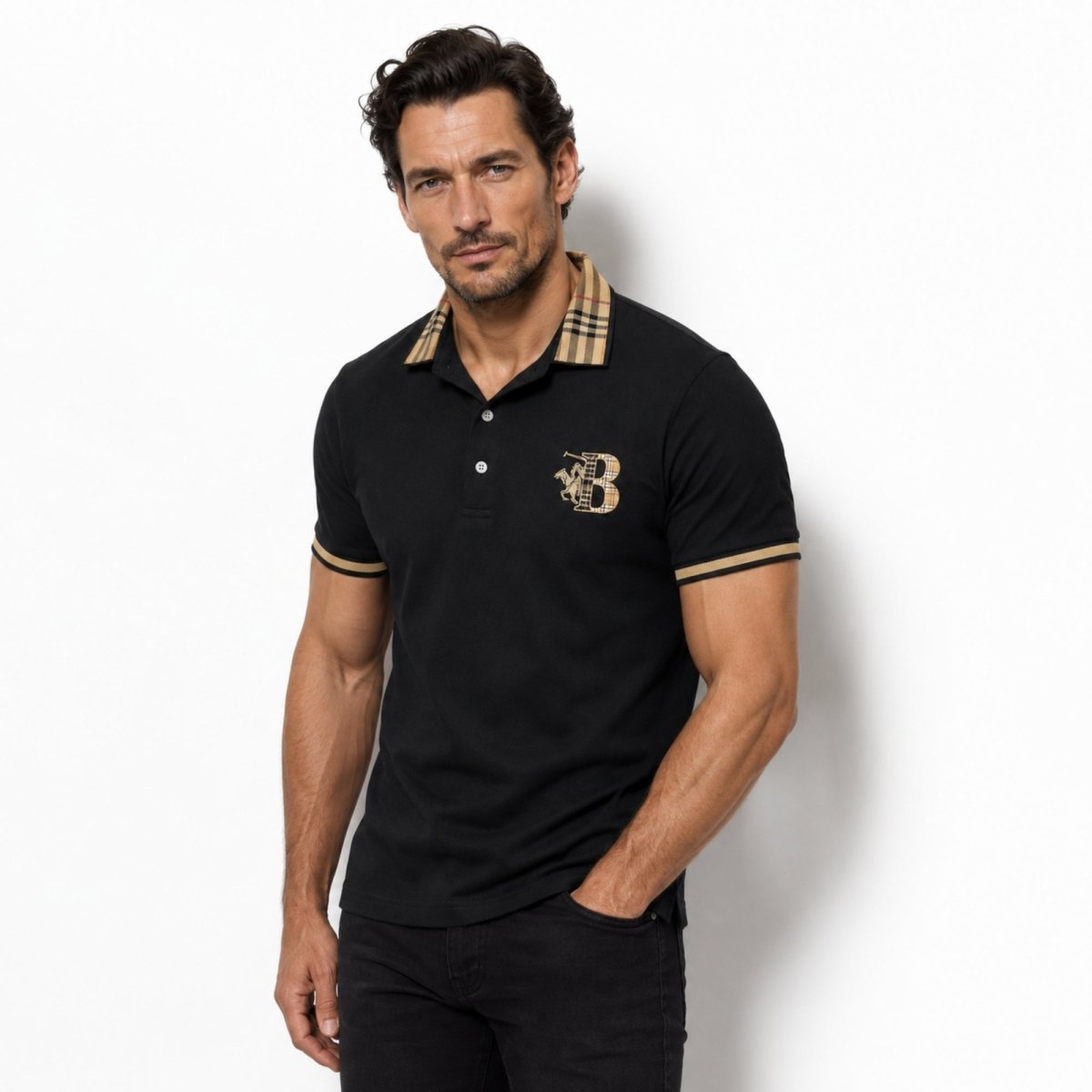 Men's Elegant Polo Shirt with Check Collar, Smart Casual Short Sleeve Polo