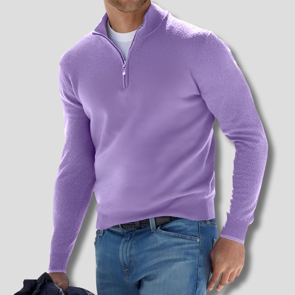 Men's Cotton Knit Pullover, Zipper Collar Sweater for Casual Wear