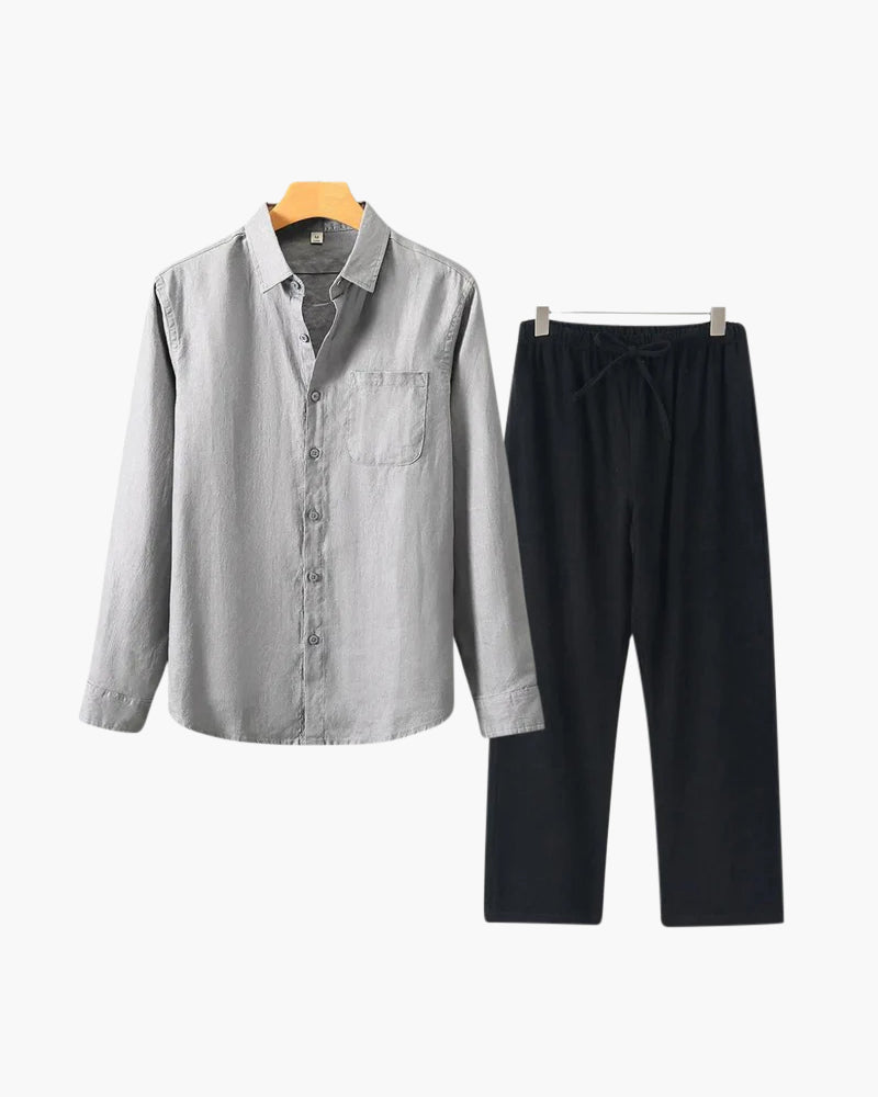 Men's Two-Piece Button-Front Shirt and Drawstring Pants Set, Casual Matching Outfit