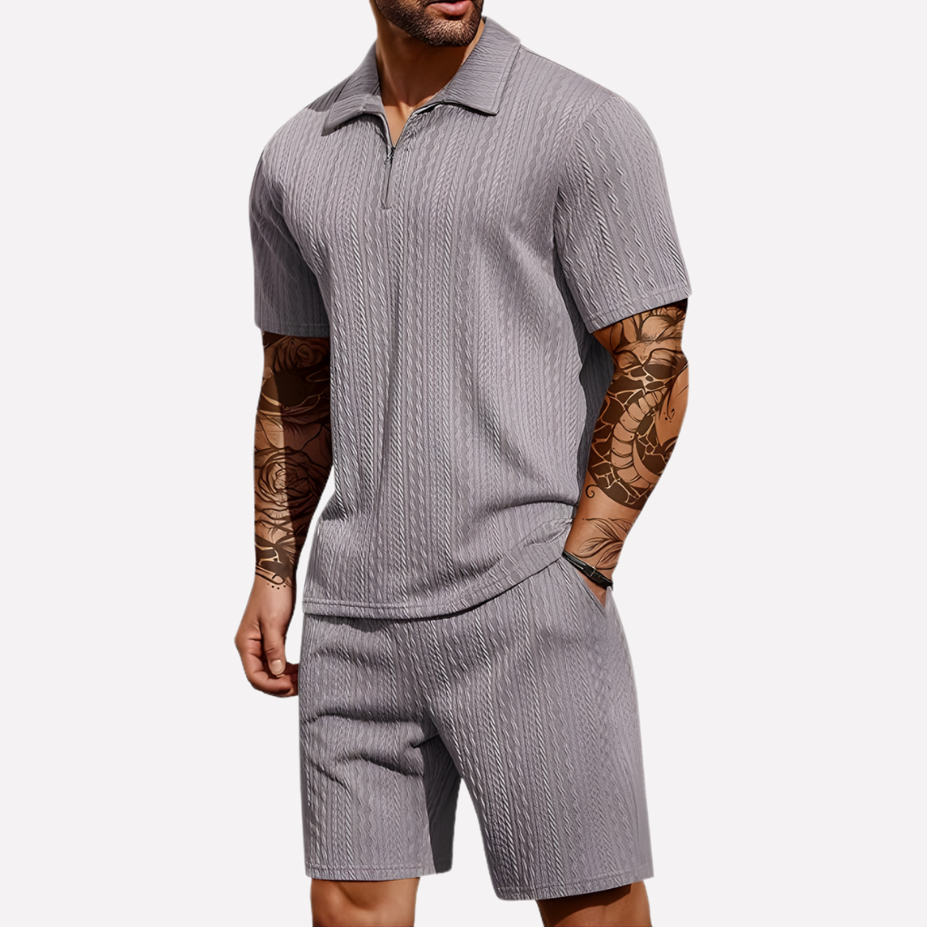 Men's 2-Piece Casual Outfit Set, Quarter-Zip Polo and Matching Shorts