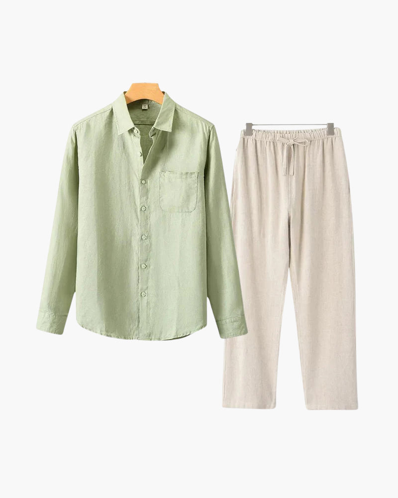 Men's Two-Piece Button-Front Shirt and Drawstring Pants Set, Casual Matching Outfit