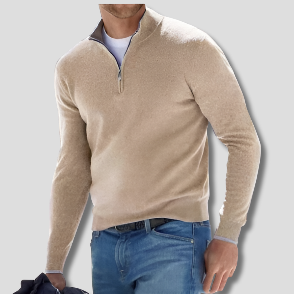 Men's Cotton Knit Pullover, Zipper Collar Sweater for Casual Wear