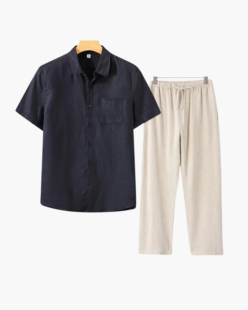 Men's Button-Down Shirt and Pants Set with Elastic Waistband, Summer Two-Piece Outfit