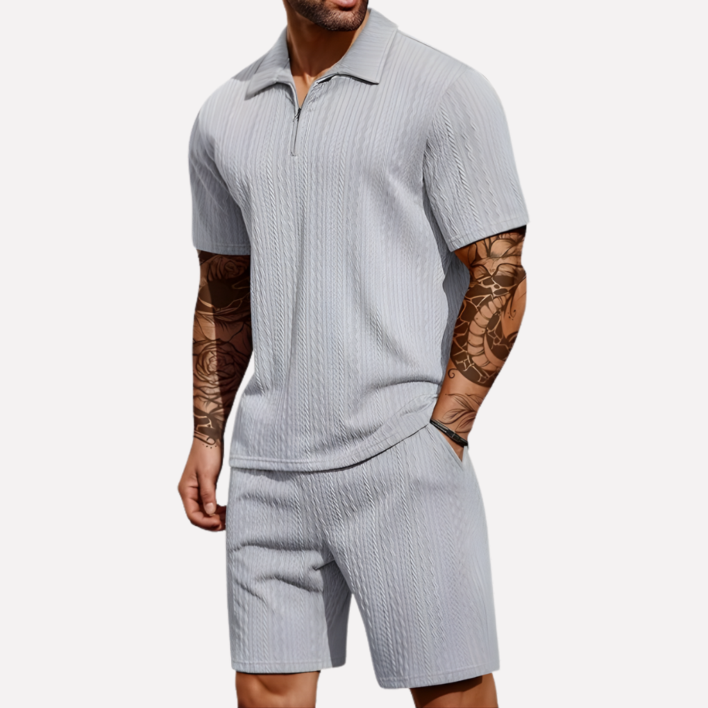 Men's 2-Piece Casual Outfit Set, Quarter-Zip Polo and Matching Shorts
