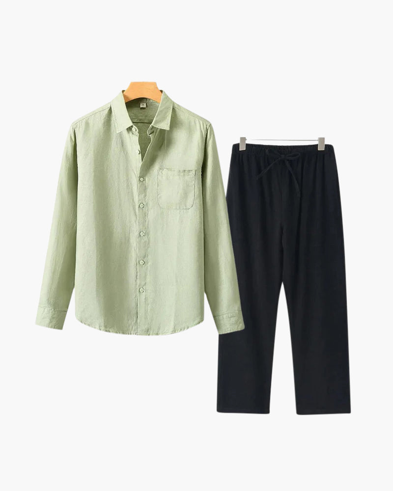 Men's Two-Piece Button-Front Shirt and Drawstring Pants Set, Casual Matching Outfit