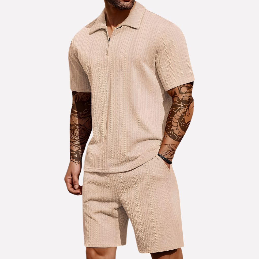 Men's 2-Piece Casual Outfit Set, Quarter-Zip Polo and Matching Shorts