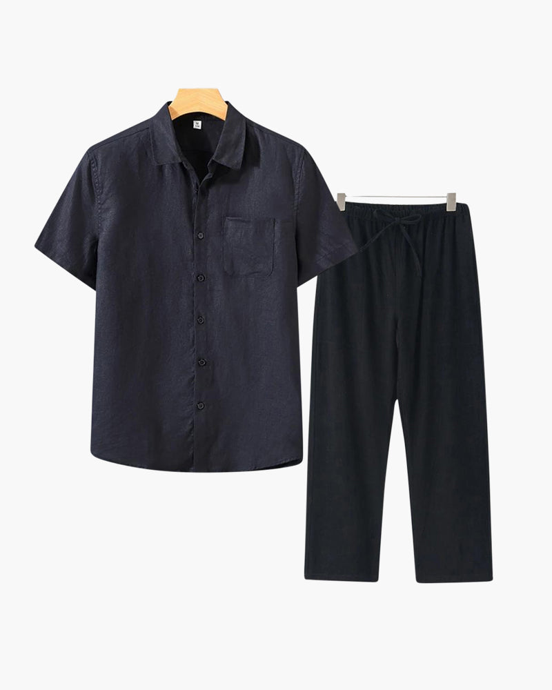 Men's Button-Down Shirt and Pants Set with Elastic Waistband, Summer Two-Piece Outfit