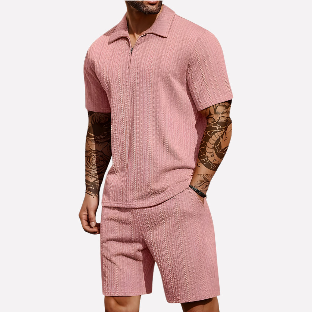 Men's 2-Piece Casual Outfit Set, Quarter-Zip Polo and Matching Shorts