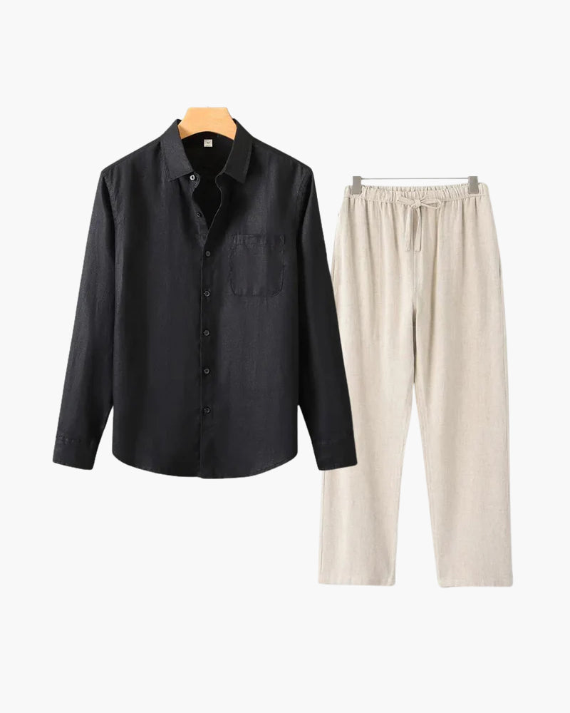 Men's Two-Piece Button-Front Shirt and Drawstring Pants Set, Casual Matching Outfit