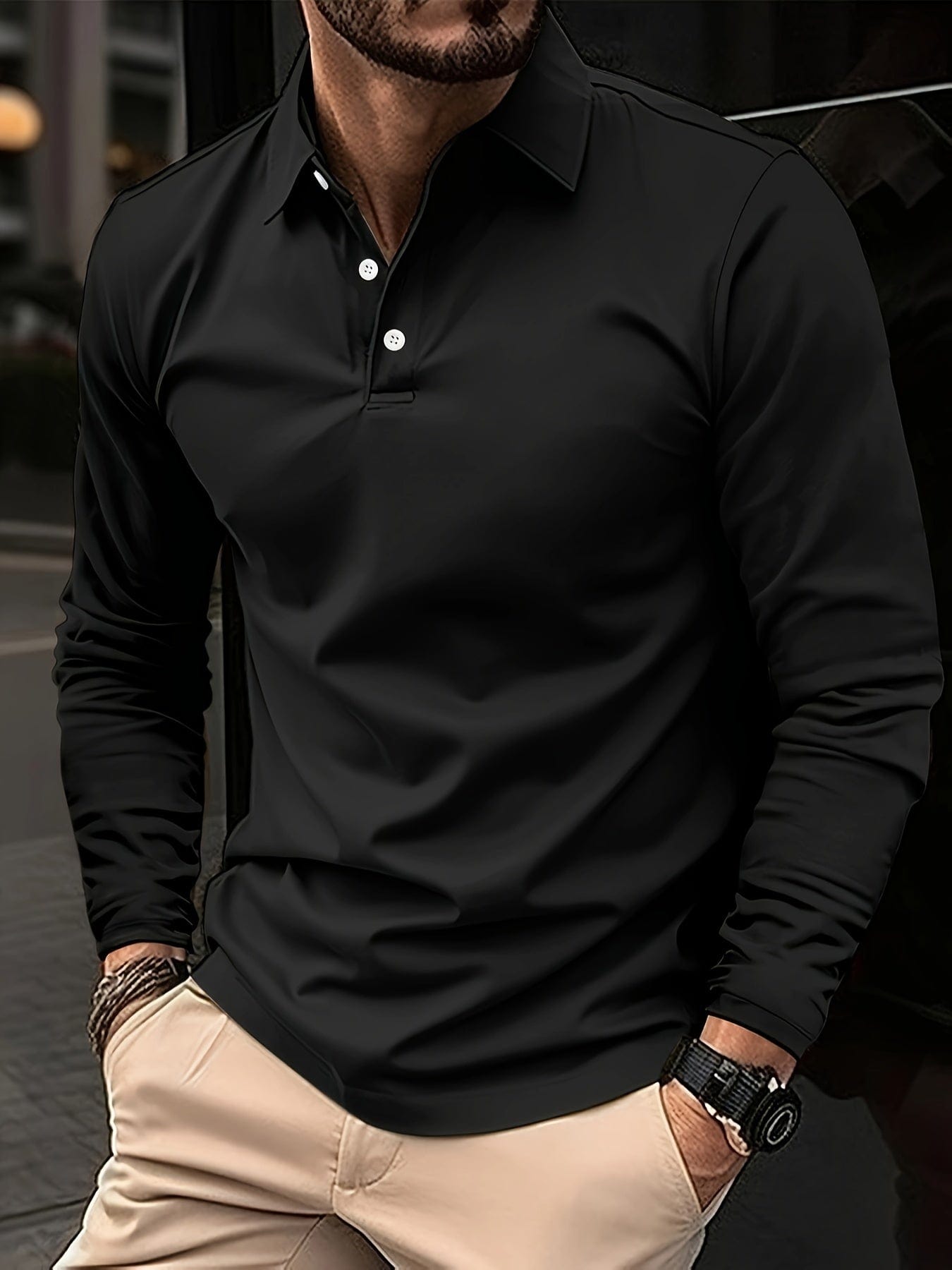 Men's Long-Sleeve Polo Shirt - Cotton Blend, Classic Collar