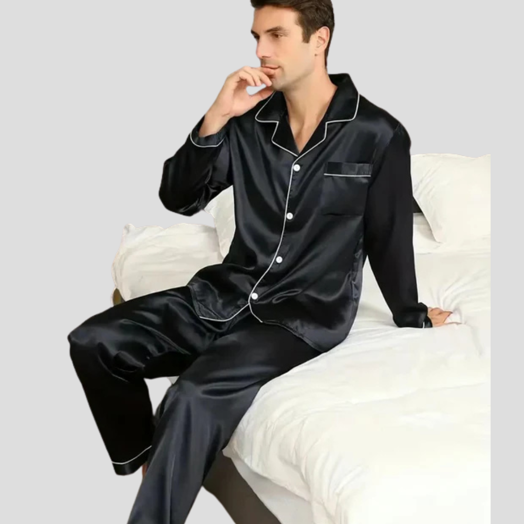 Men's Satin Pajama Set - Long Sleeve Button-Front Sleepwear