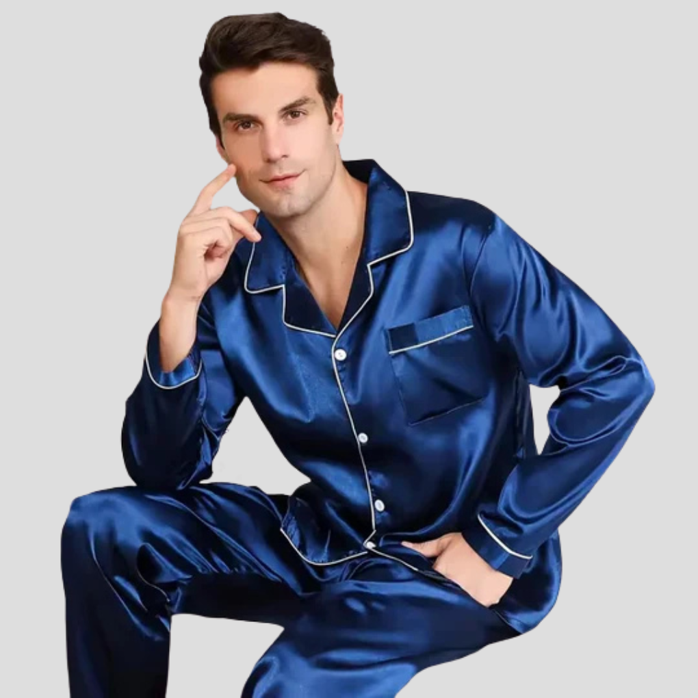 Men's Satin Pajama Set - Long Sleeve Button-Front Sleepwear