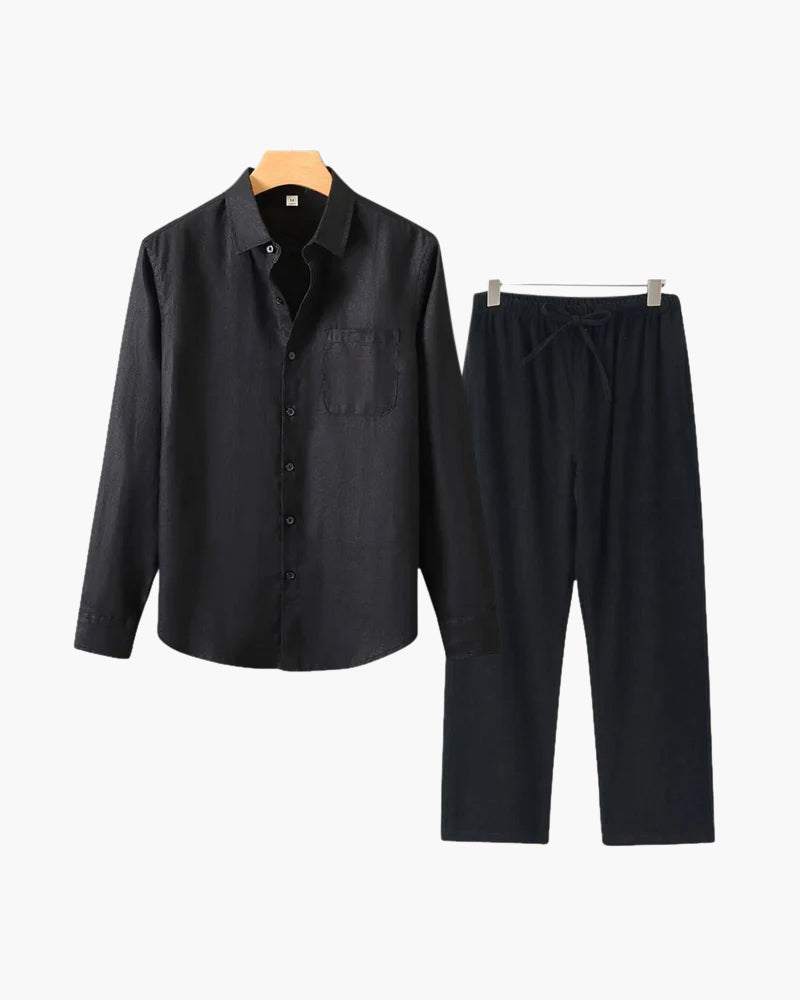 Men's Two-Piece Button-Front Shirt and Drawstring Pants Set, Casual Matching Outfit